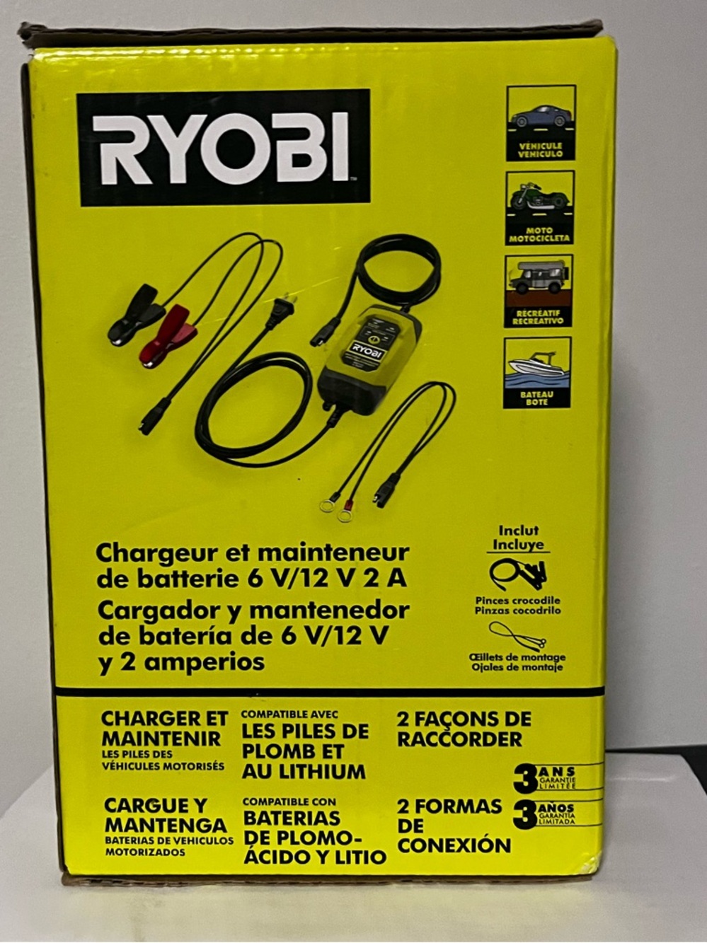 RYOBI 6V/12V 2 Amp Battery Charger & Maintainer - Yellow/Black - Picture 3 of 10